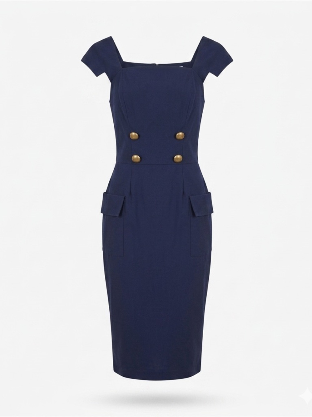 Unique Vintage Barbie Navy Pencil Dress with Gold Buttons